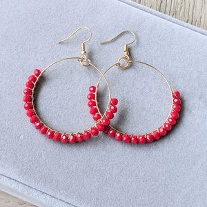 Gold and Red Beaded Hoop Earrings